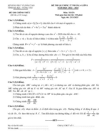Đề thi Olympic 274 Toán Lớp 8 - Năm học 2022-2023 - Sở GD&ĐT Bà Rịa Vũng Tàu (Có hướng dẫn chấm)