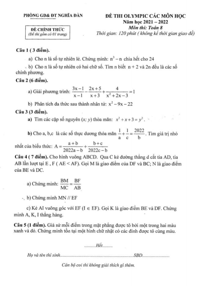Đề thi Olympic Toán Lớp 8 - Năm học 2021-2022 - Phòng GD&ĐT Nghĩa Đàn