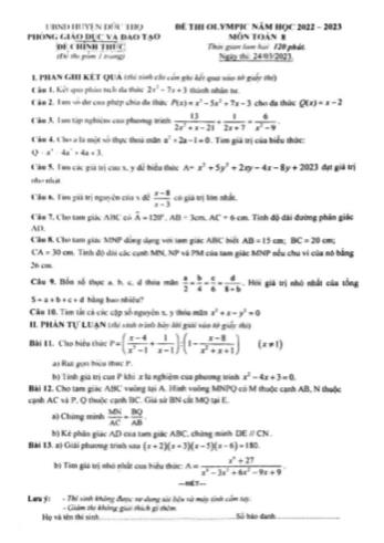 Đề thi Olympic Toán Lớp 8 - Năm học 2022-2023 - Phòng GD&ĐT Đức Thọ