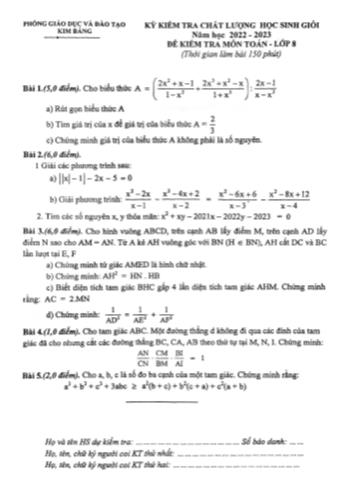 Kỳ kiểm tra chất lượng học sinh giỏi Toán Lớp 8 - Năm học 2022-2023 - Phòng GD&ĐT Kim Bằng