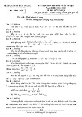 Kỳ thi chọn học sinh giỏi cấp huyện Toán Lớp 8 - Năm học 2022-2023 - Phòng GD&ĐT Tam Dương (Có lời giải)