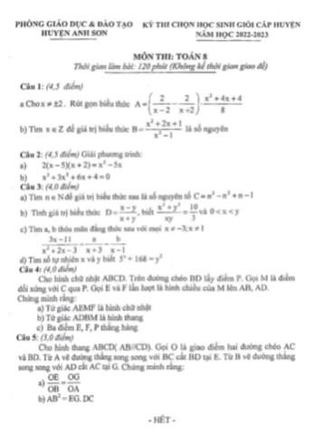 Kỳ thi chọn học sinh giỏi cấp huyện Toán Lớp 8 - Năm học 2022-2023 - Phòng GD&ĐT Anh Sơn