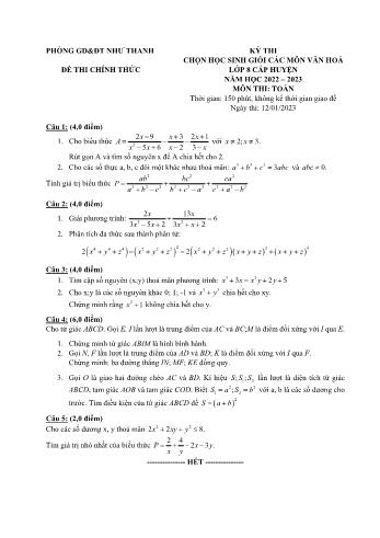 Kỳ thi chọn học sinh giỏi cấp huyện Toán Lớp 8 - Năm học 2022-2023 - Phòng GD&ĐT Như Thanh (Có hướng dẫn chấm)