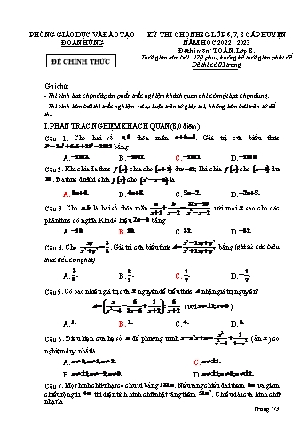 Kỳ thi chọn học sinh giỏi cấp huyện Toán Lớp 8 - Năm học 2022-2023 - Phòng GD&ĐT Đoan Hùng (Có hướng dẫn chấm)