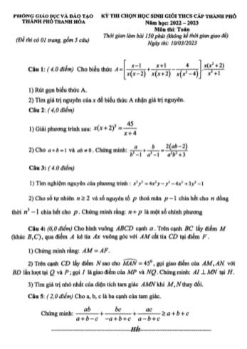 Kỳ thi chọn học sinh giỏi cấp Thành phố Toán Lớp 8 - Năm học 2022-2023 - Phòng GD&ĐT Thành phố Thanh Hóa (Có hướng dẫn chấm)