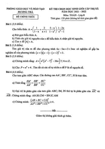 Kỳ thi chọn học sinh giỏi cấp Thị xã Toán Lớp 8 - Năm học 2021-2022 - Phòng GD&ĐT Hương Trà