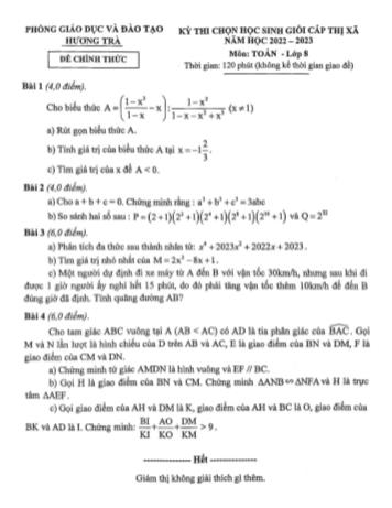 Kỳ thi chọn học sinh giỏi cấp Thị xã Toán Lớp 8 - Năm học 2022-2023 - Phòng GD&ĐT Hương Trà