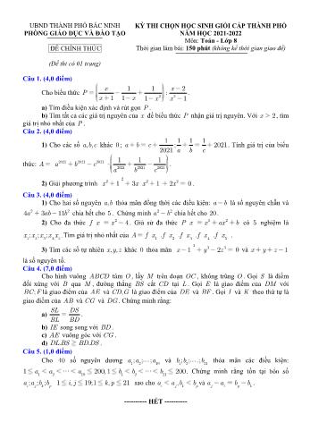 Kỳ thi học sinh giỏi cấp Thành phố Toán Lớp 8 - Năm học 2021-2022 - Phòng GD&ĐT Bắc Ninh (Có hướng dẫn chấm)