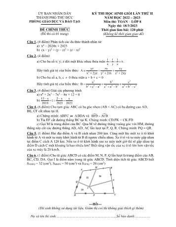 Kỳ thi học sinh giỏi Toán Lớp 8 (Lần 2) - Năm học 2022-2023 - Phòng GD&ĐT Thủ Đức (Có hướng dẫn chấm)