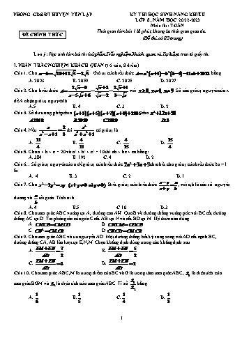 Kỳ thi học sinh năng khiếu Toán Lớp 8 - Năm học 2022-2023 - Phòng GD&ĐT Yên Lập