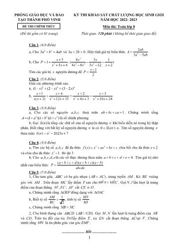 Kỳ thi khảo sát chất lượng học sinh giỏi Toán Lớp 8 - Năm học 2022-2023 - Phòng GD&ĐT Thành phố Vinh (Có hướng dẫn chấm)