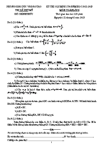 Kỳ thi Olympic 274 Toán Lớp 8 - Năm học 2022-2023 - Phòng GD&ĐT Phú Mỹ (Có hướng dẫn chấm)