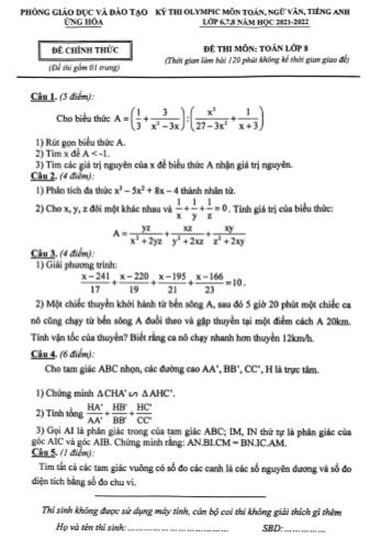 Kỳ thi Olympic Toán Lớp 8 - Năm học 2021-2022 - Phòng GD&ĐT Ứng Hòa