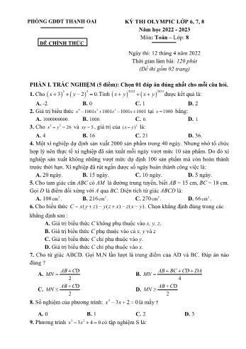 Kỳ thi Olympic Toán Lớp 8 - Năm học 2022-2023 - Phòng GD&ĐT Thanh Oai (Có hướng dẫn chấm)
