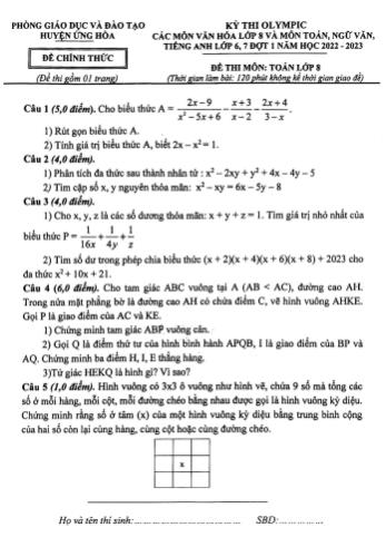 Kỳ thi Olympic Toán Lớp 8 - Năm học 2022-2023 - Phòng GD&ĐT Ứng Hòa