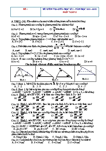 8 Đề kiểm tra giữa học kì 2 Toán Lớp 8 - Năm học 2021-2022 (Có hướng dẫn chấm)
