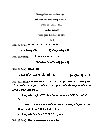 Đề khảo sát chất lượng giữa kì 1 Toán Lớp 8 - Đề 1 - Năm học 2021-2022