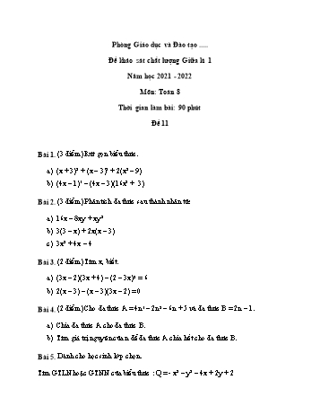 Đề khảo sát chất lượng giữa kì 1 Toán Lớp 8 - Đề 11 - Năm học 2021-2022