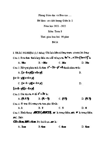 Đề khảo sát chất lượng giữa kì 1 Toán Lớp 8 - Đề 14 - Năm học 2021-2022