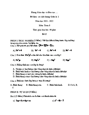 Đề khảo sát chất lượng giữa kì 1 Toán Lớp 8 - Đề 15 - Năm học 2021-2022