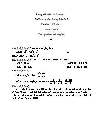 Đề khảo sát chất lượng giữa kì 1 Toán Lớp 8 - Đề 7 - Năm học 2021-2022