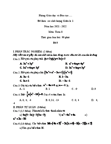 Đề khảo sát chất lượng giữa kì 1 Toán Lớp 8 - Đề 9 - Năm học 2021-2022
