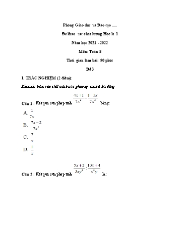 Đề khảo sát chất lượng học kì 1 Toán Lớp 8 - Đề 3 - Năm học 2021-2022