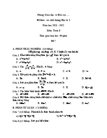 Đề khảo sát chất lượng học kì 1 Toán Lớp 8 - Đề 7 - Năm học 2021-2022