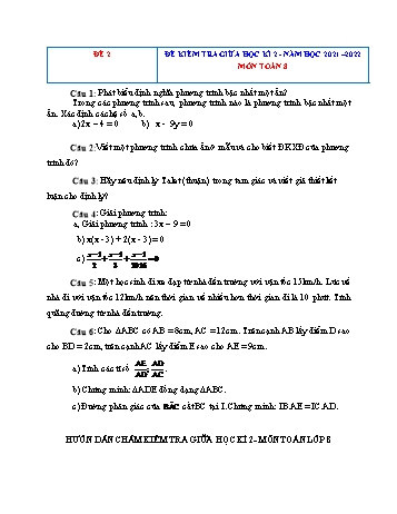 Đề kiểm tra giữa học kì 2 Toán Lớp 8 - Đề 2 - Năm học 2021-2022 (Có hướng dẫn chấm)