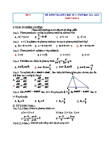Đề kiểm tra giữa học kì 2 Toán Lớp 8 - Đề 4 - Năm học 2021-2022