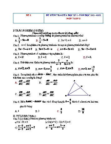 Đề kiểm tra giữa học kì 2 Toán Lớp 8 - Đề 5 - Năm học 2021-2022