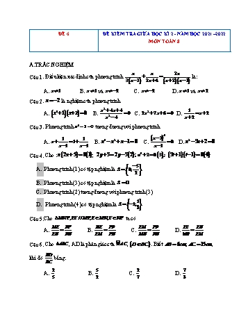 Đề kiểm tra giữa học kì 2 Toán Lớp 8 - Đề 6 - Năm học 2021-2022 (Có hướng dẫn chấm)