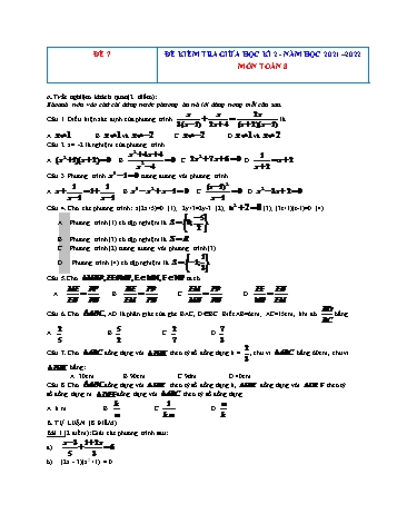 Đề kiểm tra giữa học kì 2 Toán Lớp 8 - Đề 7 - Năm học 2021-2022 (Có hướng dẫn chấm)