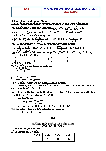 Đề kiểm tra giữa học kì 2 Toán Lớp 8 - Đề 8 - Năm học 2021-2022 (Có hướng dẫn chấm)