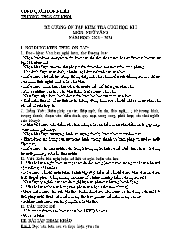 Đề cương ôn tập kiểm tra cuối học kì I môn Ngữ văn Lớp 8 - Năm học 2023-2024 - Nguyễn Thị Mai Hương