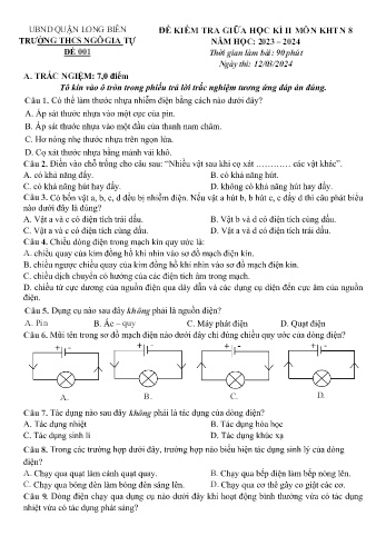 Đề kiểm tra giữa học kì II môn Khoa học tự nhiên Lớp 8 - Năm học 2023-2024 - Trường THCS Ngô Gia Tự