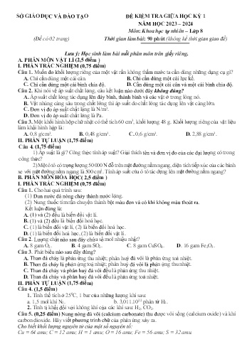 Đề kiểm tra giữa học kỳ 1 môn Khoa học tự nhiên Lớp 8 - Năm học 2023-2024 (Có đáp án)