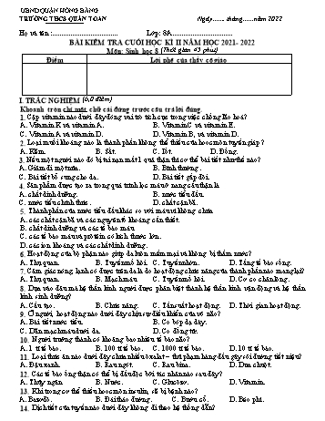 Bài kiểm tra cuối học kì II môn Sinh học Lớp 8 - Năm học 2021-2022 - Trường THCS Quán Toan (Có đáp án)