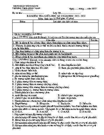 Bài kiểm tra giữa học kì I môn Sinh học Lớp 8 - Năm học 2022-2023 - Trường THCS Quán Toan (Có đáp án)