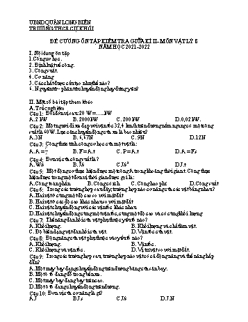 Đề cương ôn tập kiểm tra giữa kì II môn Vật lý Lớp 8 - Năm học 2021-2022 - Nguyễn Thu Hương