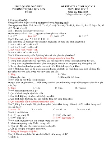 Đề kiểm tra cuối học kì I môn Hóa học Lớp 8 - Năm học 2022-2023 - Lưu Thị Chiên (Có đáp án)
