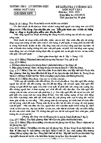 Đề kiểm tra cuối học kì I môn Ngữ văn Lớp 8 - Năm học 2021-2022 - Trường THCS Lý Thường Kiệt (Có đáp án)