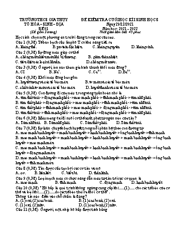 Đề kiểm tra cuối học kì I môn Sinh học Lớp 8 - Năm học 2021-2022 - Trường THCS Gia Quất