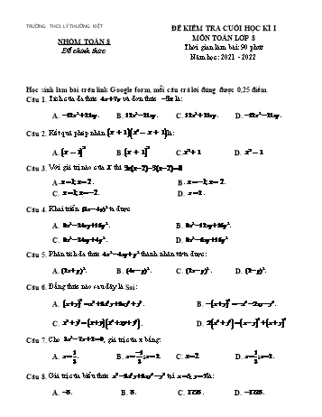 Đề kiểm tra cuối học kì I môn Toán Lớp 8 - Năm học 2021-2022 - Trường THCS Lý Thường Kiệt (Có đáp án)