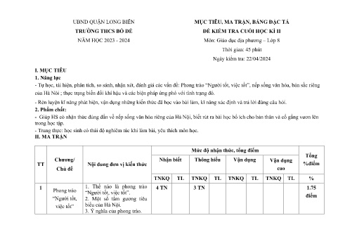 Đề kiểm tra cuối học kì II môn Giáo dục địa phương Lớp 8 - Năm học 2023-2024 - Đào Phương Hoa (Có đáp án)