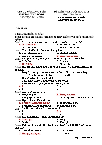 Đề kiểm tra cuối học kì II môn Sinh học Lớp 8 - Năm học 2022-2023 - Trường THCS Bồ Đề