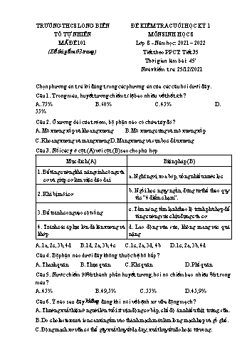 Đề kiểm tra cuối học kỳ I môn Sinh học Lớp 8 - Năm học 2021-2022 - Trường THCS Long Biên