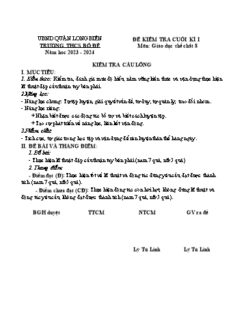 Đề kiểm tra cuối kì I môn Giáo dục thể chất Lớp 8 - Năm học 2023-2024 - Lý Tú Linh