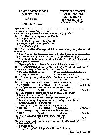 Đề kiểm tra cuối kì I môn Lịch sử Lớp 8 - Năm học 2022-2023 - Trường THCS Bồ Đề - Mã đề 103