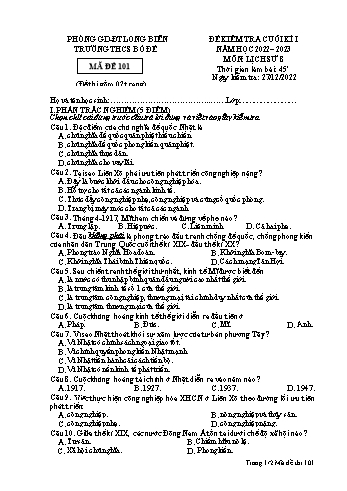 Đề kiểm tra cuối kì I môn Lịch sử Lớp 8 - Năm học 2022-2023 - Trường THCS Bồ Đề - Mã đề 101
